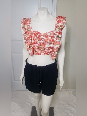 LAARMARIO Ruffled Floral Crop Top in Coral Pink Size Small